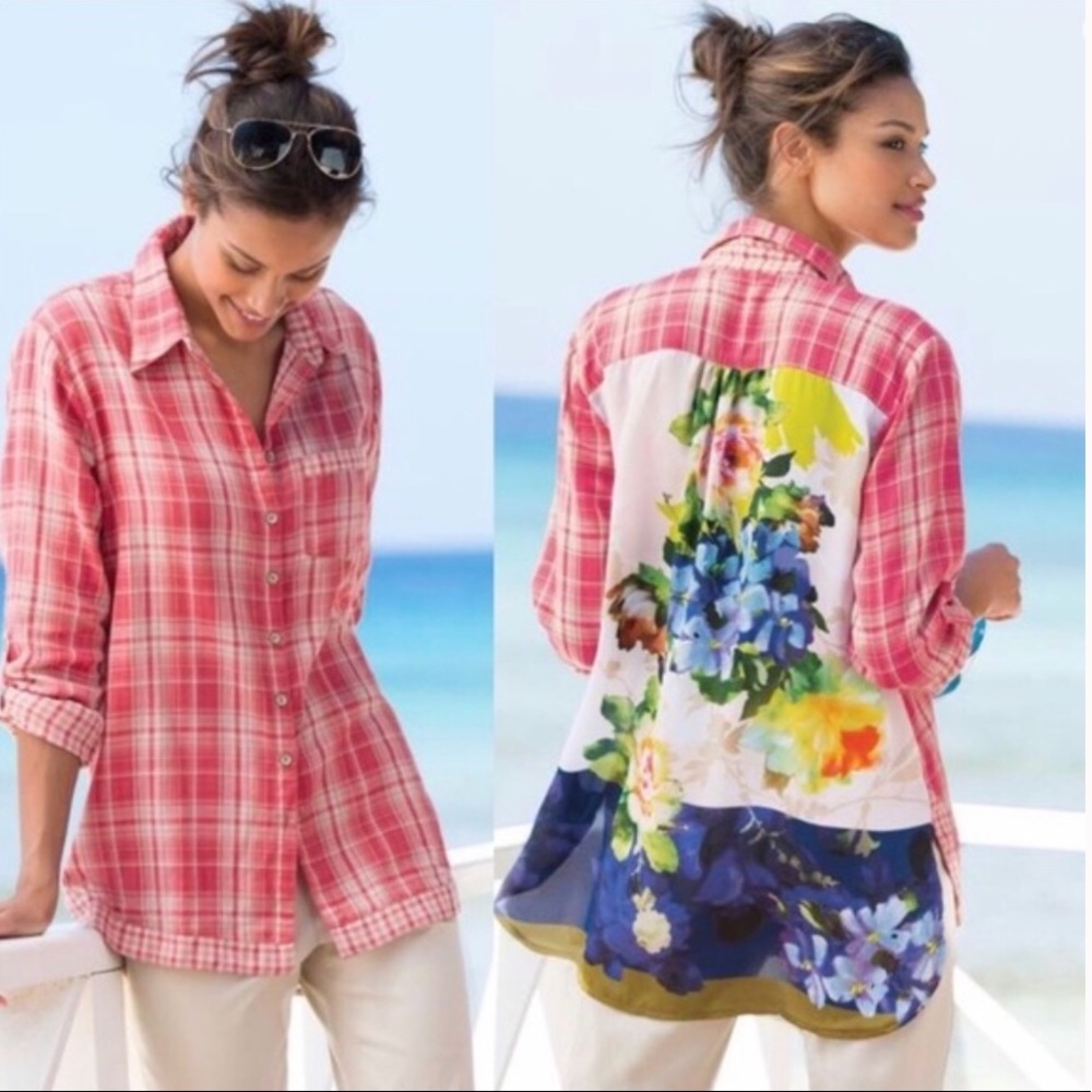 Soft Surroundings Kaolin Pink Plaid Floral Shirt